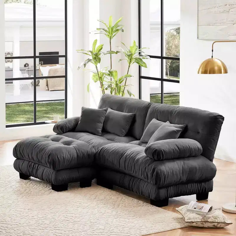 Sectional Sofa with 2 Seater, Lumbar & Throw Pillows, Upholstered Wide Arm for Living Room - Gray