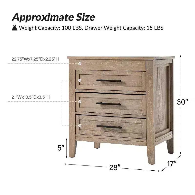 3 Drawer Nightstand with Hidden Compartment & Charging Station