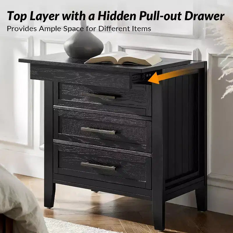 3 Drawer Nightstand with Hidden Compartment & Charging Station