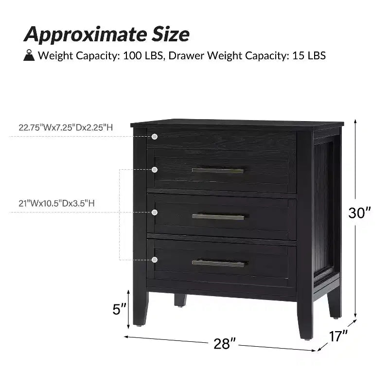 3 Drawer Nightstand with Hidden Compartment & Charging Station