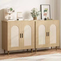 Rattan Buffet Cabinet with Storage, Sideboard Cabinet with 2 Doors and Adjustable Shelves, Boho Wood Cupboard