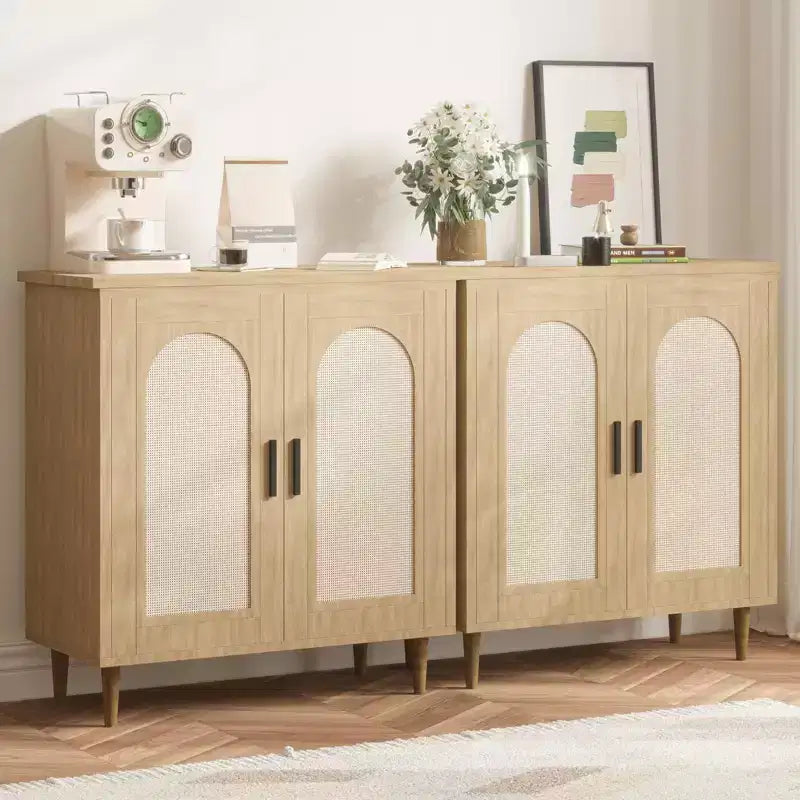 Rattan Buffet Cabinet with Storage, Sideboard Cabinet with 2 Doors and Adjustable Shelves, Boho Wood Cupboard