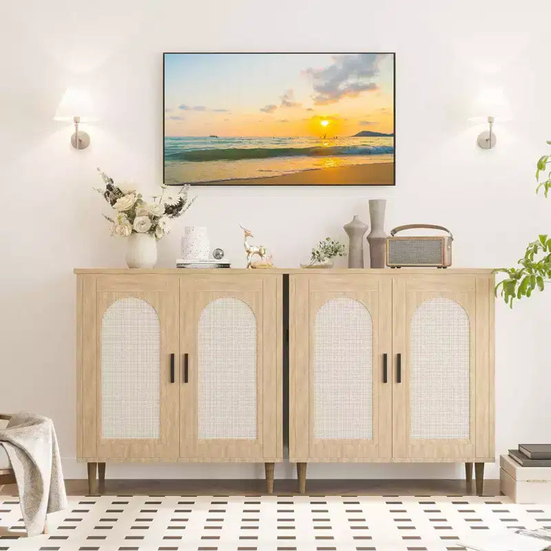 Rattan Buffet Cabinet with 2 Doors and Adjustable Shelves