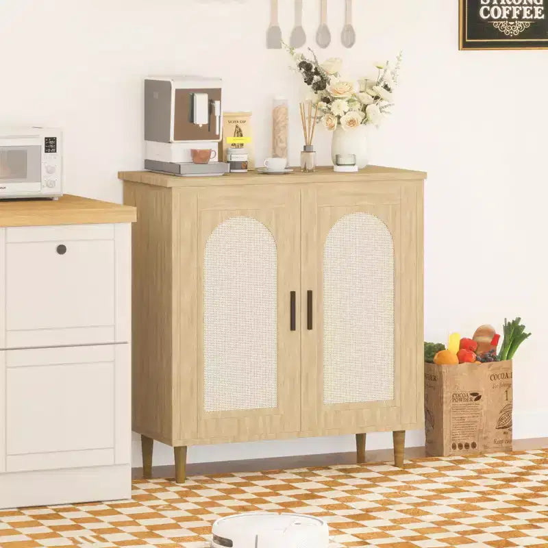 Rattan Buffet Cabinet with 2 Doors and Adjustable Shelves
