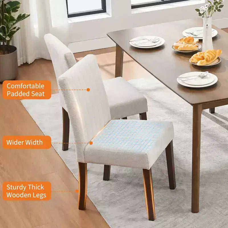 Upholstered Dining Chairs Set of 2 - Modern Linen Fabric Side Chairs with Wood Legs