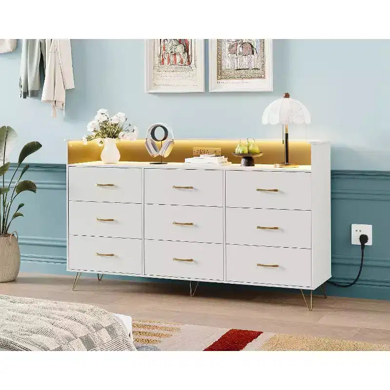 9-Drawer Tall Wooden Dresser, with APP-Controlled RGB Light & Charging Station for Living Room, White