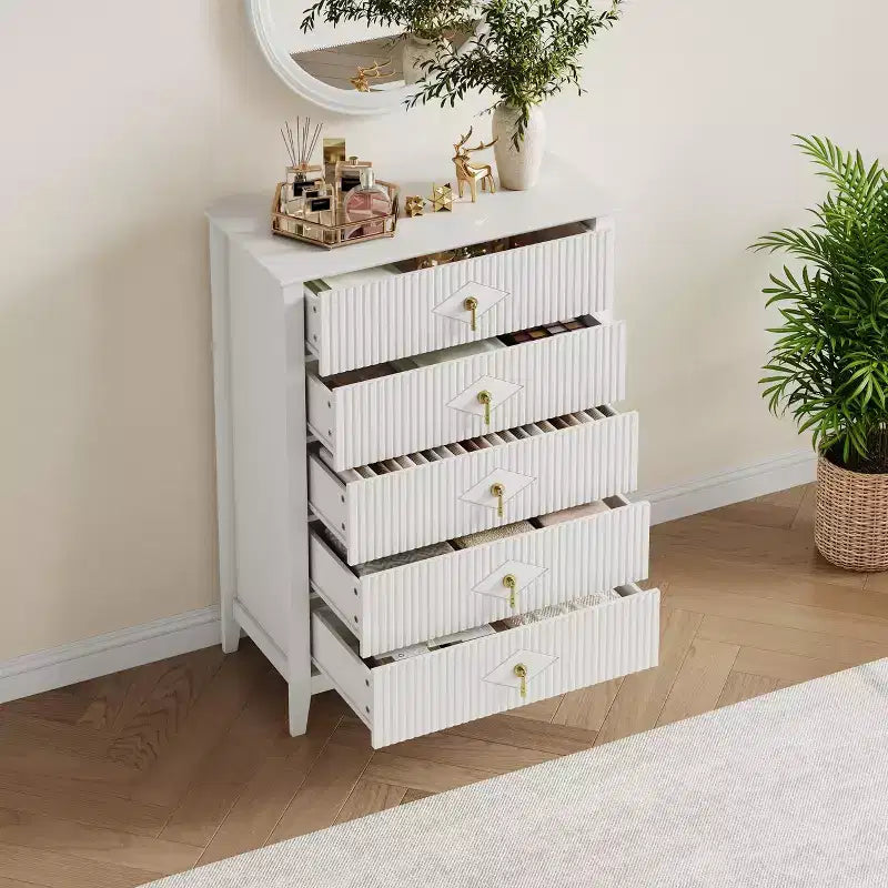 42.9" Tall 5-Drawer Fluted Dresser, Modern Wood Storage Cabinet for Bedroom, White