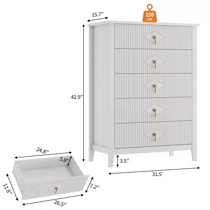 42.9" Tall 5-Drawer Fluted Dresser, Modern Wood Storage Cabinet for Bedroom, White