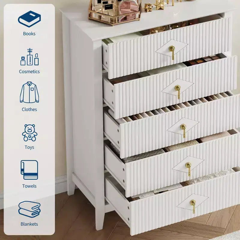 42.9" Tall 5-Drawer Fluted Dresser, Modern Wood Storage Cabinet for Bedroom, White