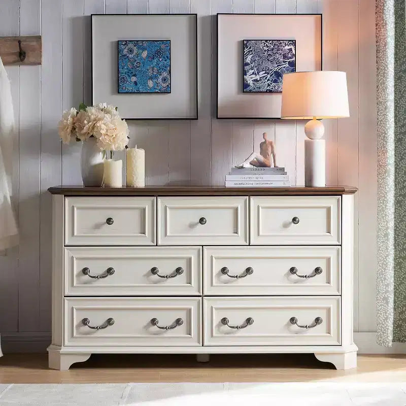 Commode à 7 tiroirs de 54 po pour chambre à coucher, coffre de rangement rustique vintage pour salon et couloir