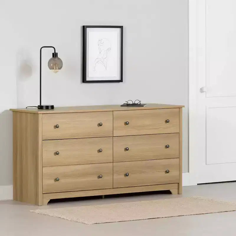 6 Drawer Double Dresser Ash: Anti-Tip Anchoring, Laminated Finish, Particle Board, 59.25" Width