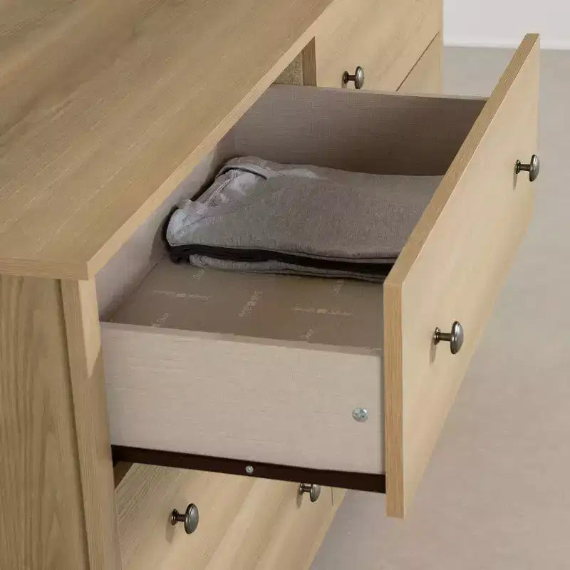 6 Drawer Double Dresser Ash: Anti-Tip Anchoring, Laminated Finish, Particle Board, 59.25" Width