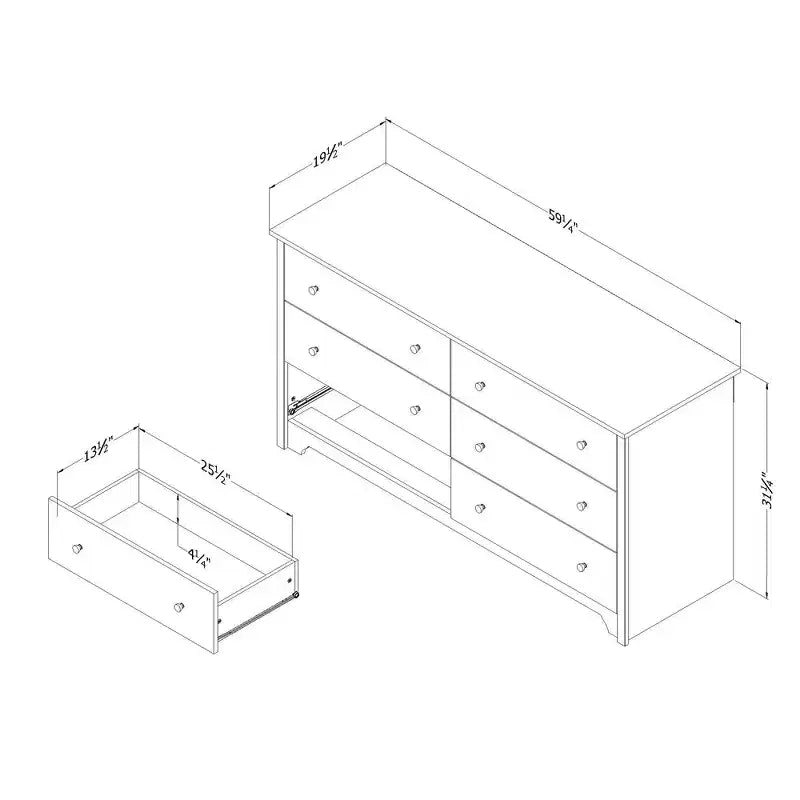 6 Drawer Double Dresser Ash: Anti-Tip Anchoring, Laminated Finish, Particle Board, 59.25" Width