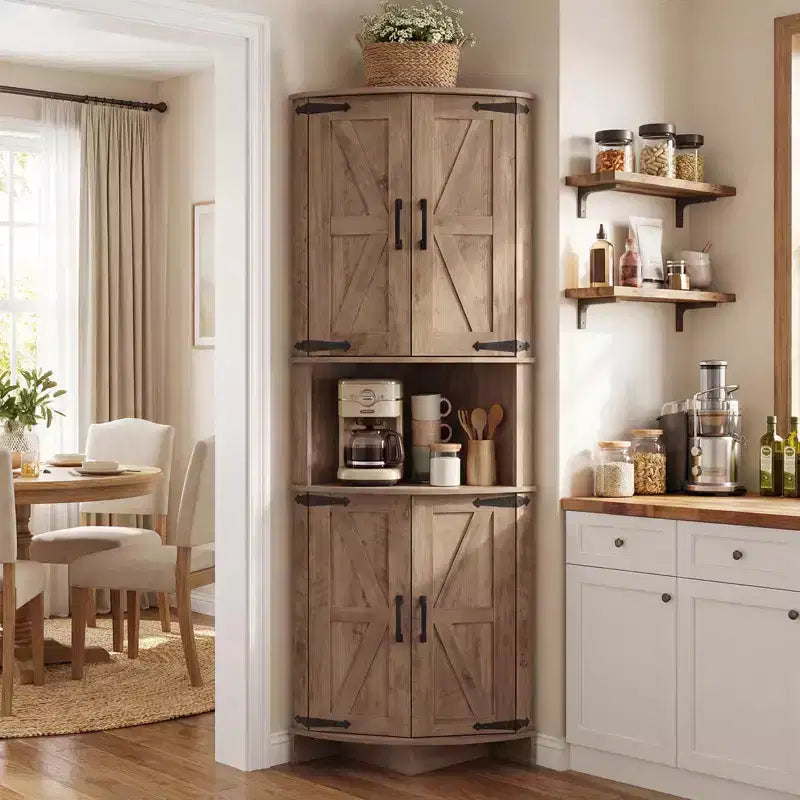 64,8" Meuble d'Angle Haut avec Portes, Armoire de Rangement d'Angle Marron Style Ferme, Meuble Garde-Manger d'Angle Autonome avec Étagères Réglables
