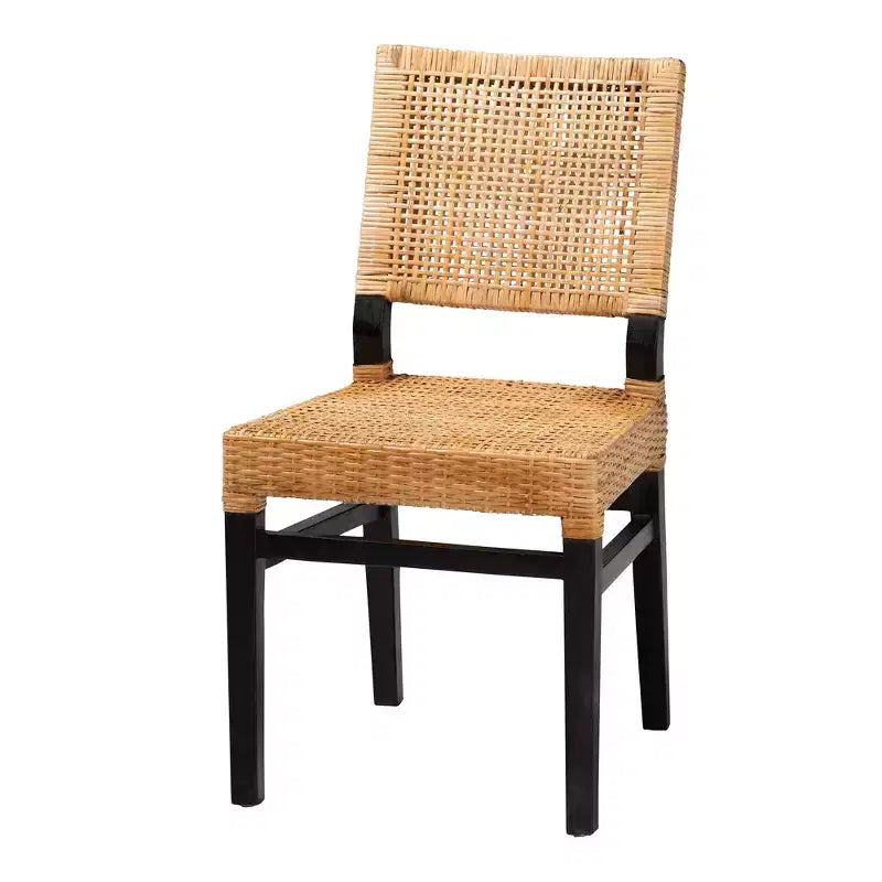 Modern Bohemian Natural Brown Rattan and Espresso Brown Mahogany Wood Dining Chair