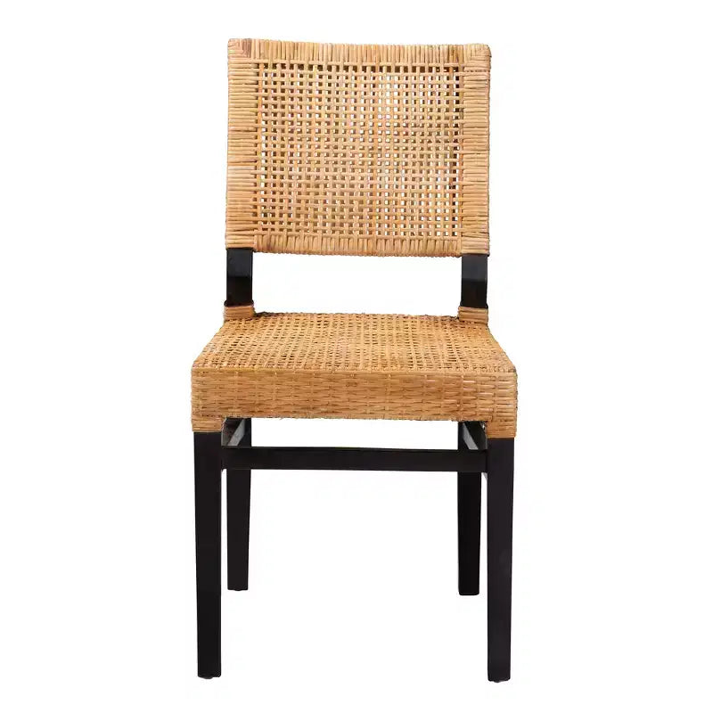 Modern Bohemian Natural Brown Rattan and Espresso Brown Mahogany Wood Dining Chair