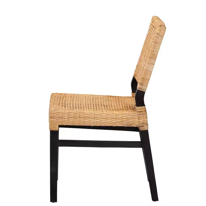 Modern Bohemian Natural Brown Rattan and Espresso Brown Mahogany Wood Dining Chair