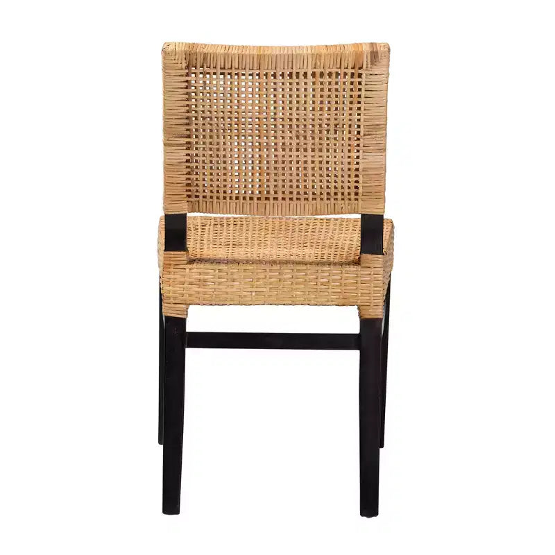 Modern Bohemian Natural Brown Rattan and Espresso Brown Mahogany Wood Dining Chair