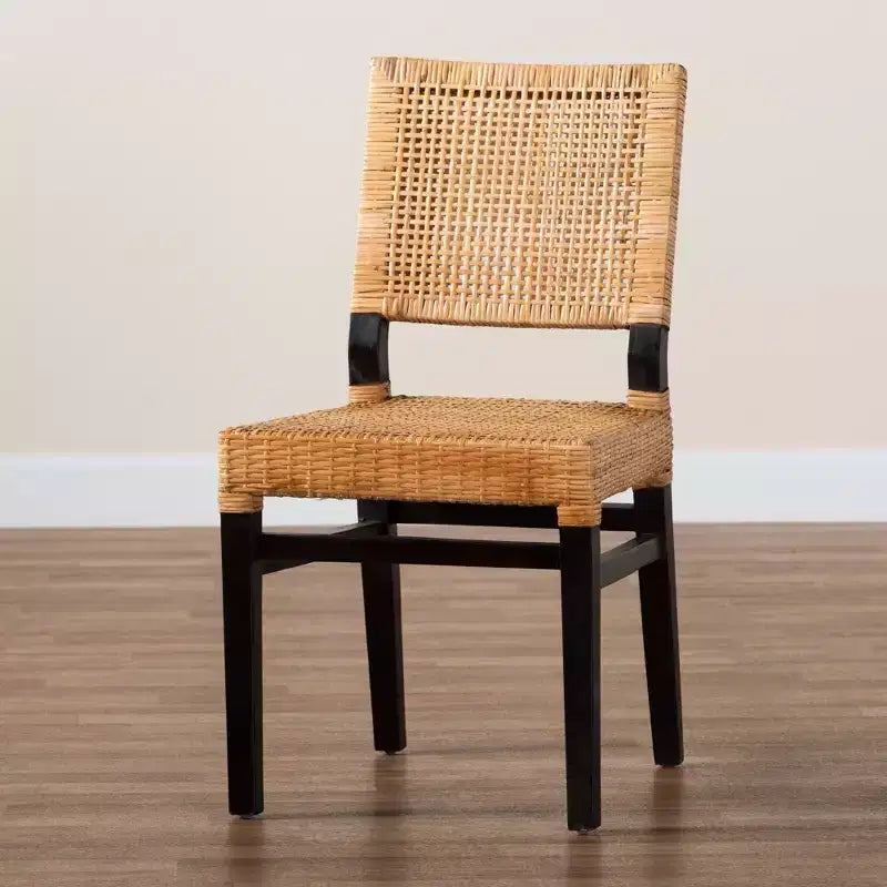 Modern Bohemian Natural Brown Rattan and Espresso Brown Mahogany Wood Dining Chair