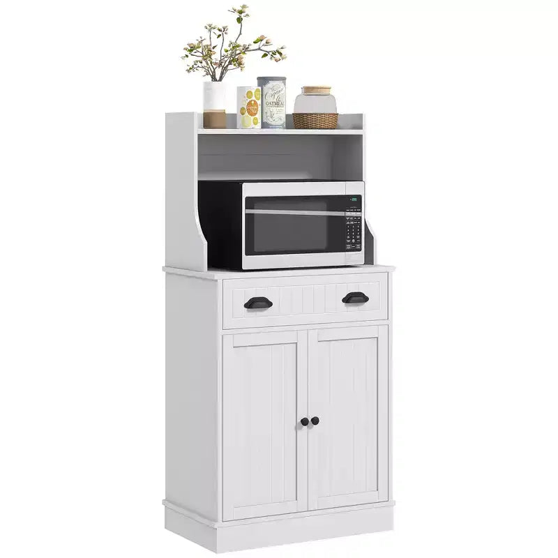 HOMCOM Microwave Cabinet with Drawer, Double Door Cabinet and Adjustable Shelf, Buffet with Hutch and Cable Hole for Kitchen, Dining Room, White