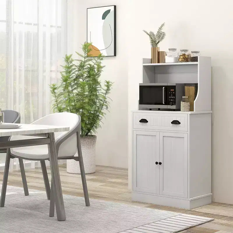 Microwave Cabinet with Drawer, Double Door Cabinet and Adjustable Shelf, Buffet with Hutch and Cable Hole for Kitchen, Dining Room, White