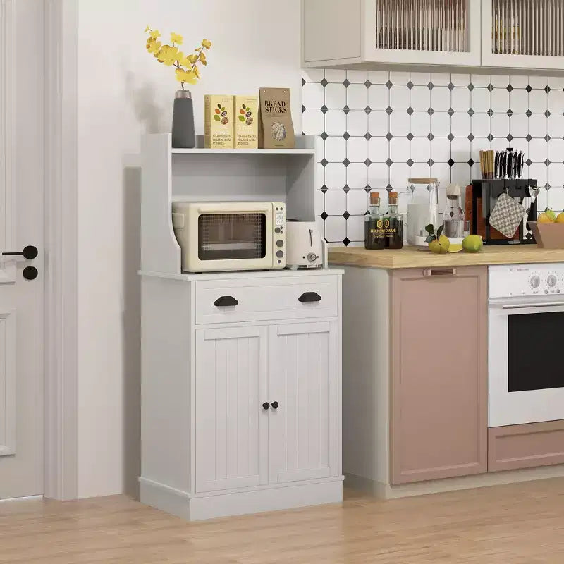 Microwave Cabinet with Drawer, Double Door Cabinet and Adjustable Shelf, Buffet with Hutch and Cable Hole for Kitchen, Dining Room, White