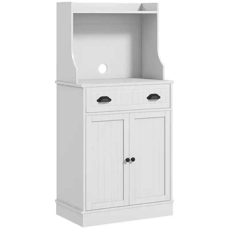 Microwave Cabinet with Drawer, Double Door Cabinet and Adjustable Shelf, Buffet with Hutch and Cable Hole for Kitchen, Dining Room, White