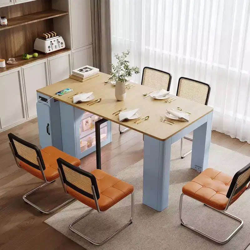 Table à manger extensible Whisen, table îlot mobile roulante avec 3 rallonges amovibles, meuble de rangement
